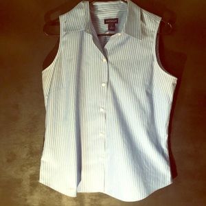 Sleeveless blue striped button up blouse